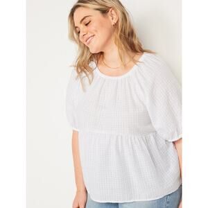 Old Navy Swing Blouse Womens‎ Size 2XL White Puff-Sleeve Seersucker Babydoll